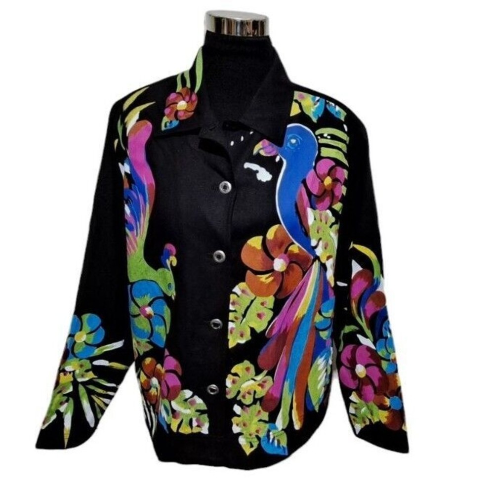 Goode Impressions Medium Black Silk Bird Print Art To Wear Button Front Jacket